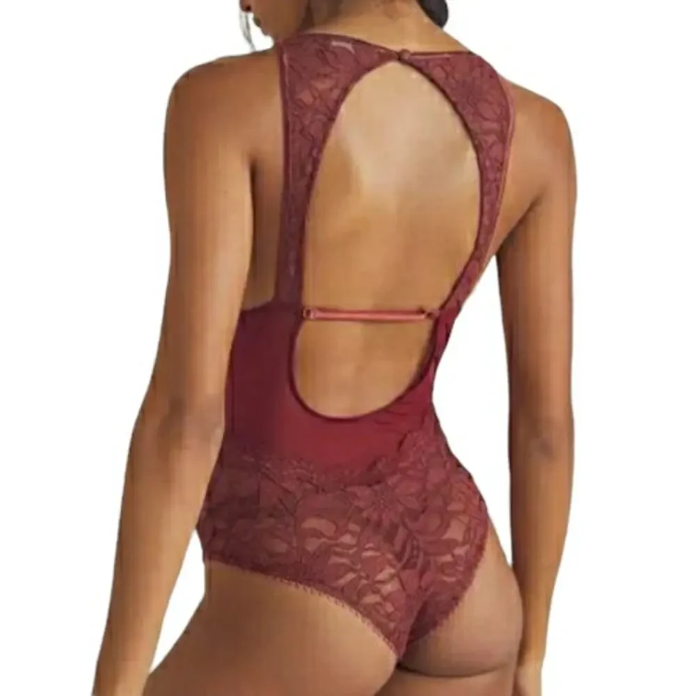 FREE PEOPLE bodysuit Speed Date open back sheer floral lace garnet royal XS NEW - Picture 6 of 8